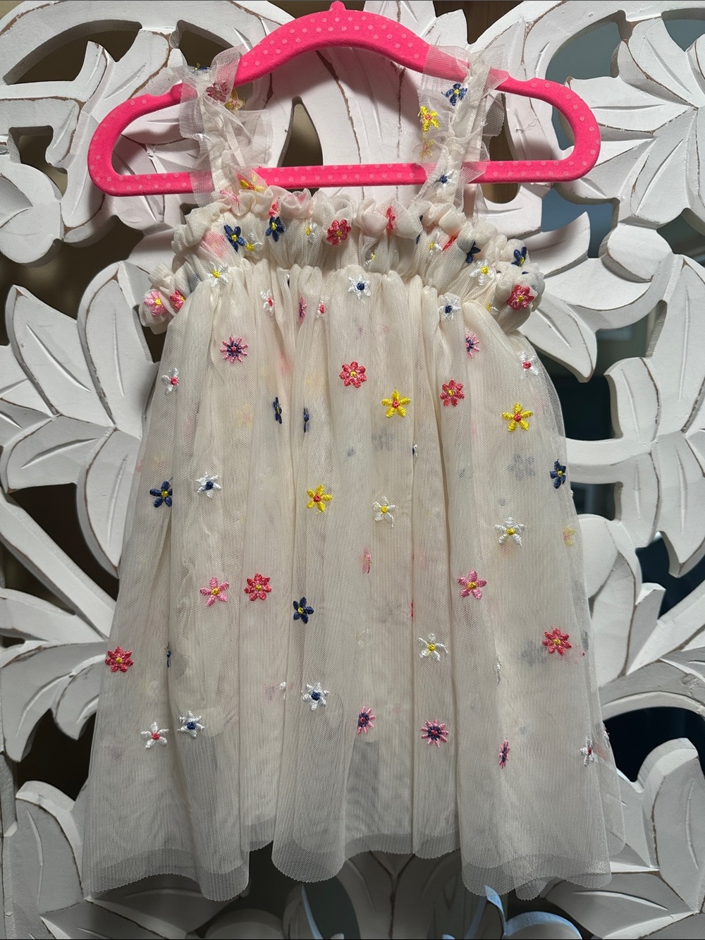 White Floral Embroidered Tulle Girls' Casual Dress